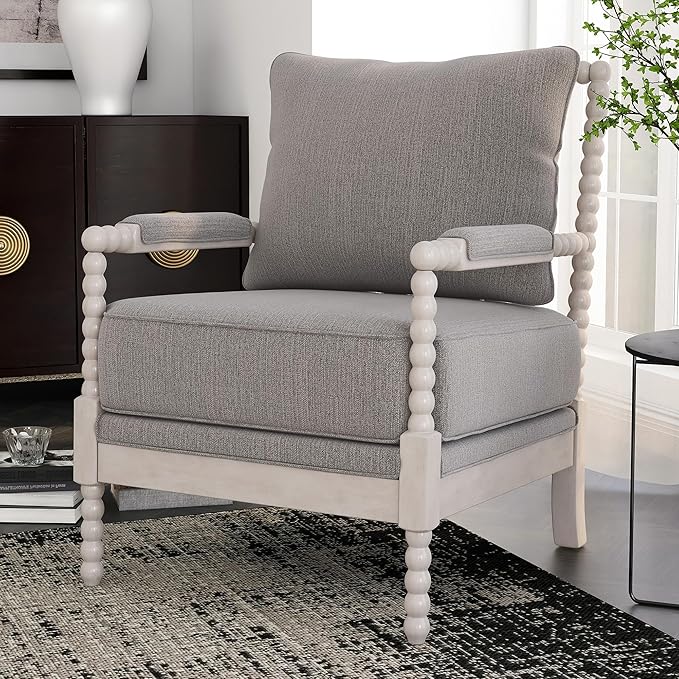 24/7 Shop at Home Antanette Farmhouse Fabric Upholstered Accent Chair with Removable Cushion for Living Room Bedroom Home Office Antique White and Gray