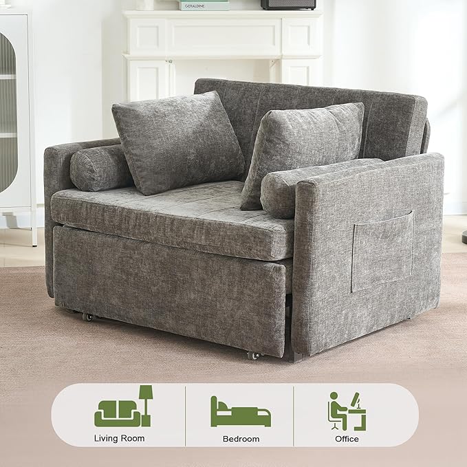 45 Oversize 3-in-1 Sleeper Chair 75 Long Pull-Out Sleeper Sofa Bed with Wing Table and Side Pocket for Living Room Bedroom Small Space Gray