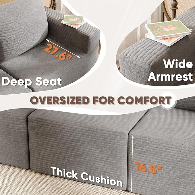 JUMMICO Boneless Couch with Deep Seat and Ottoman Modular Sectional Sofa with Body Support Corduroy Couches for Living Room Apartments Bedroom No Assembly Required (Gray L-Shaped)