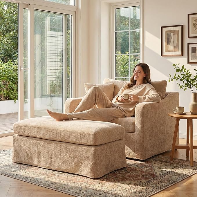 Aoiy &amp Wifon 43.9'' W Oversized Accent Chair with Ottoman Upholstered Mid-Century Reading Chair Comfy Oversized Lounge Chair for Living Room &amp Bedroom Chenille Wheat
