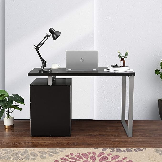 LOKATSE HOME Computer Desk with Drawers File Cabinet-Reversible Set Up Office Writing Study Desks Furniture Silver Metal Frame 47