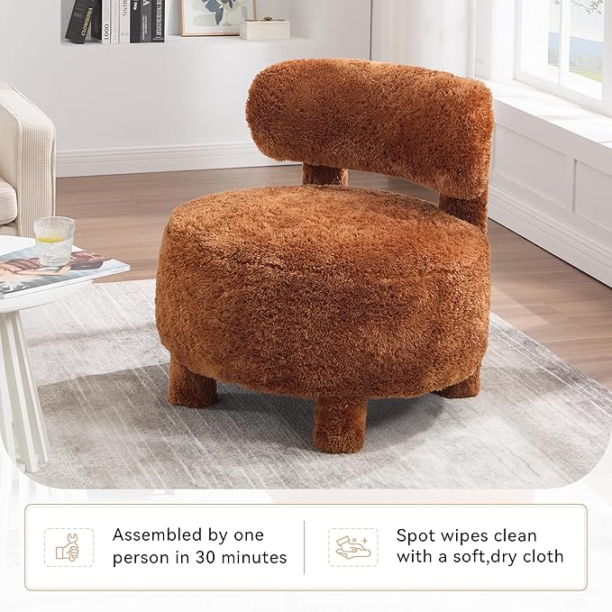 Upholstered Armless Chairs Modern Fur Accent Chair Cute Furry Chairs with Curved Backrest and Solid Wooden Legs for Living Room Bedroom Reading Room Khaki