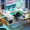 YITAHOME U Shaped Desk with Power Outlets &amp LED Lights 79 Reversible L Shaped Desk with Drawers Corner Computer Desk Office Desk with Monitor Stand &amp Storage Shelves White &amp Gold