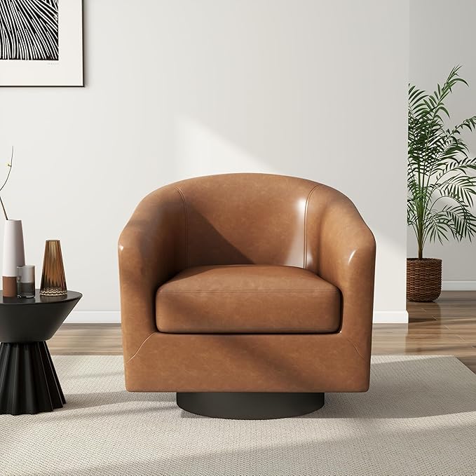 Swivel Barrel Chair Modern Round PU Leather Accent Armchair for Living Room Bedroom Oversized Comfy Club Reading Chairs for Adults (Leather Brown Set of 1)