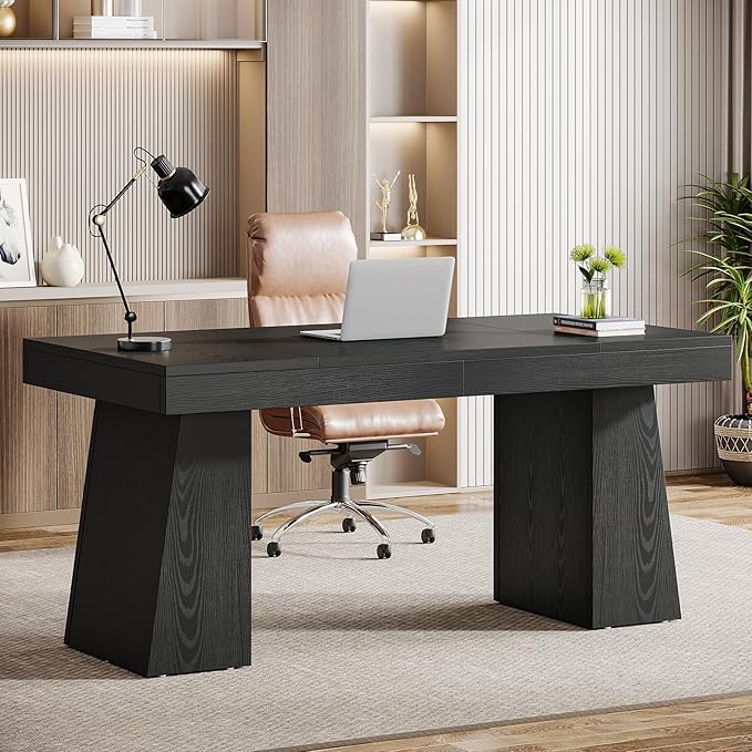 Tribesigns 55 Inches Executive Desk Mid-Century Modern Home Office Desk Wood Computer Desk Business Workstation Desk Small Conference Table Black