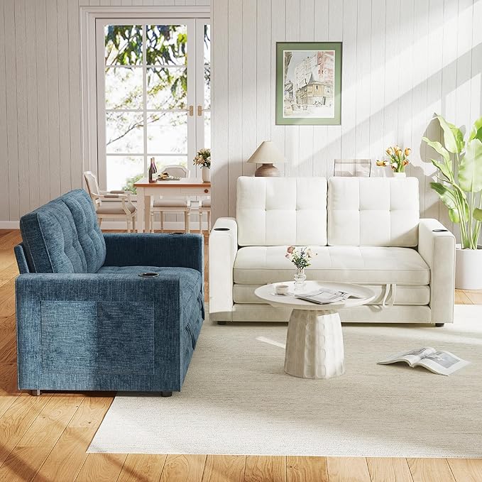 Convertible Sofa Bed Pull Out Loveseat Sleeper Sofa 2 in1 Folding Couch Bed Floor Sofa Couch for Small Spaces Fold Out Floor Bed with Pillows for Living Room Bedroom - Beige