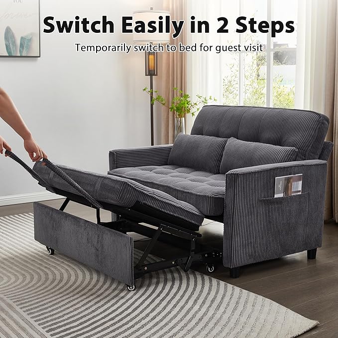 Sleeper Sofa Bed 55‘’ Convertible Pull Out Couch with Small Table| USB Port | Side Pockets | Corduroy Fabric | Adjustable Backrest for Apartment Office Bedroom Guest Room