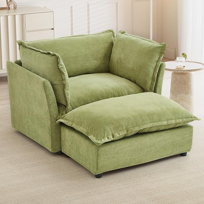 Merax Modern Armchair Sofa 47 Cozy Upholstered Sofa Chair with Movable Ottoman Wide Seat Curved Armrests and Soft Pillows for Living Room BedroomGreen