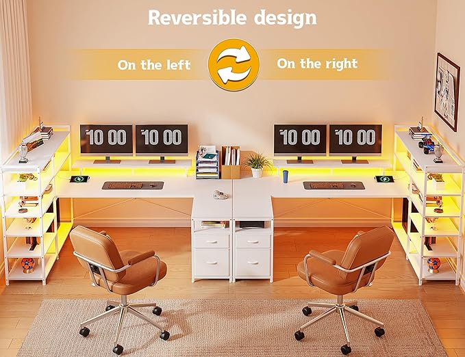 Computer Desk with 6 Storage Shelves &amp 2 Fabric Drawers63'' L Shaped Gaming Desk with Power Outlet &amp LED Strip Reversible Office Desk with Monitor Stand White