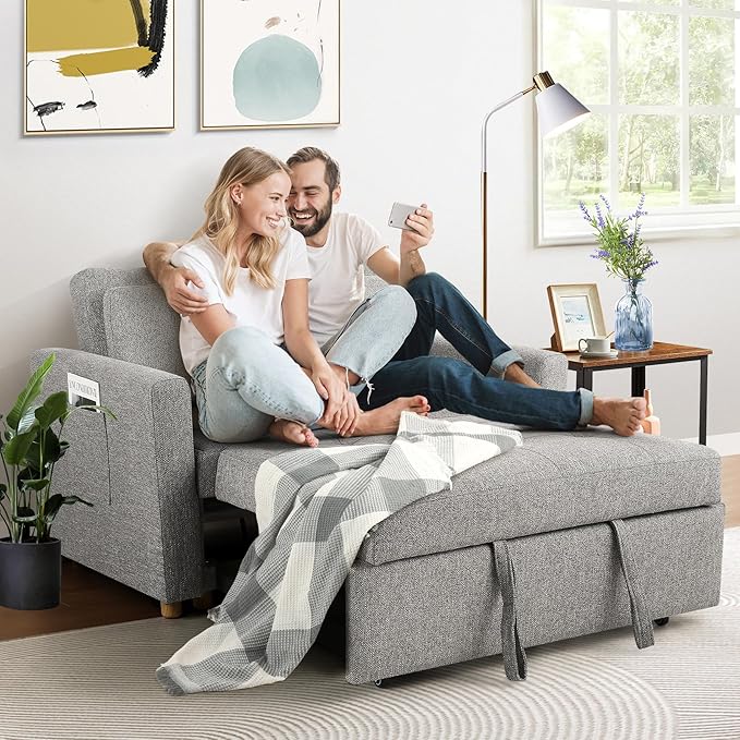 SEJOV Convertible Sofa Bed 3-in-1 Sleeper Sofa Pull Out Couch Bed 2-Seater Linen Fabric Loveseat Futon Sofa with Spring Support Adjustable Backrest for Small Spaces Living Room Grey