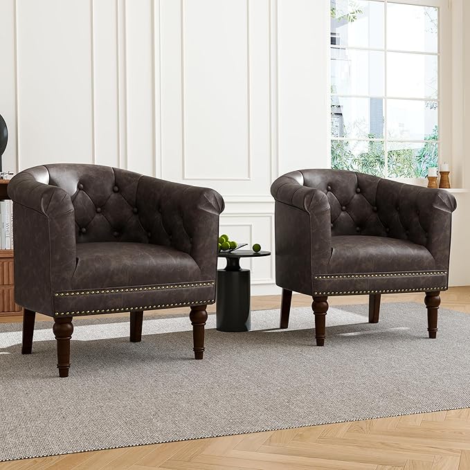 Accent Chair Upholstered Faux Leather Barrel Chair with Nailed Trim Comfy Club Armchair for Reading Living Room Bedroom Waiting Room (Chocolate Set of 1)