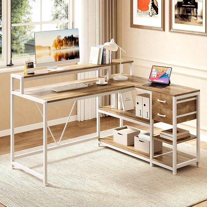 LITTLE TREE 55-Inch L-Shaped Computer Desk Reversible Computer Desk with Drawers and Storage Shelves Corner Desk Gaming Desk Work Desk for Home Office Walnut