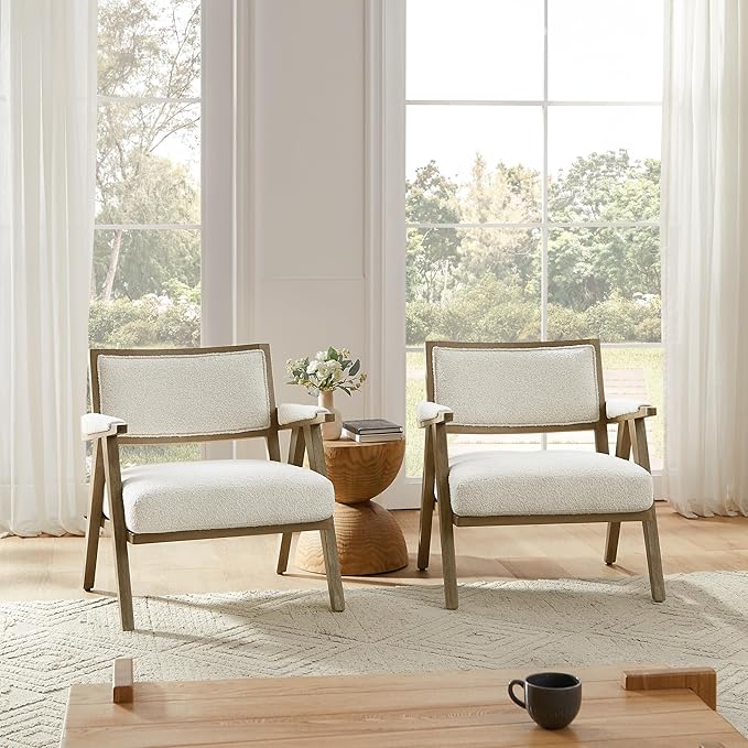 Art Leon Mid Century Modern Living Room Chair - Faux Shearling Upholstered Accent Chair Set of 2 with Solid Wood Frame 265lb Weight Capacity Comfortable Seating for Living Room Bedroom White