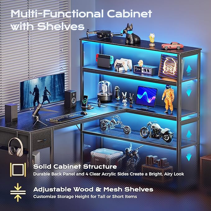 PRAISUN 57 Inch L Shaped Gaming Computer Desk with Larger Open Cabinet Reverisble Office Desk with Power Outlets LED Lights Work Desk Fabric Drawer Adjustable Wood and Mesh Shelf Black