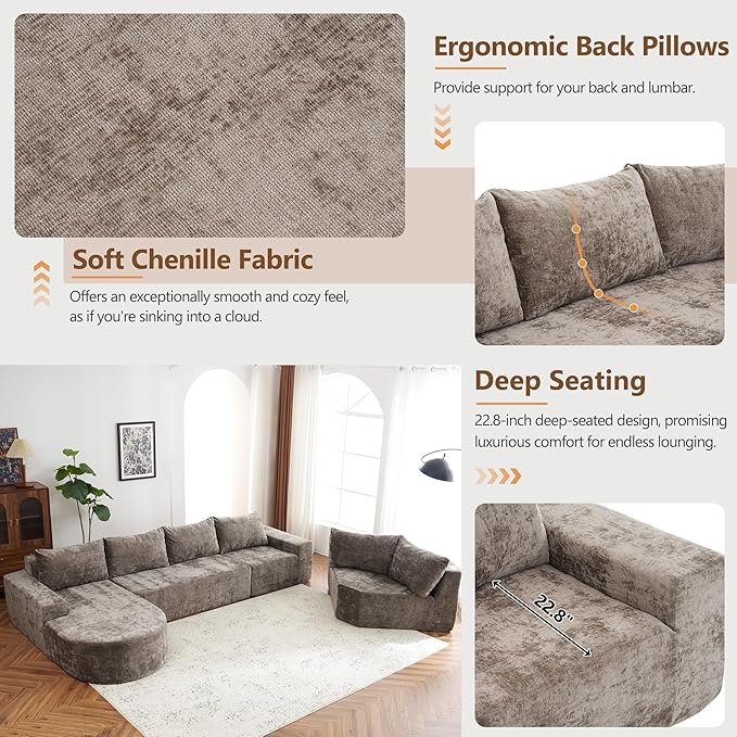 Modular Sofa Set 141.7 Oversized Sofa Cloud Sectional Sofa Set 5 Seat Upholstered Couches U-Shaped Sofa with Deep Seat Chenille Fabric Convertible Sleeper Couches for Living Room(Brown/145)
