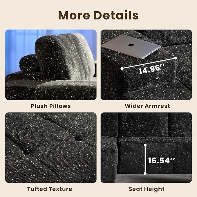 114 Glitter Cloud Sectional Couch with L-Shape Chaise Modern Boneless Couches for Living Room Fluffy Tufted Deep Seat Modular Sofa in a Box No Assembly