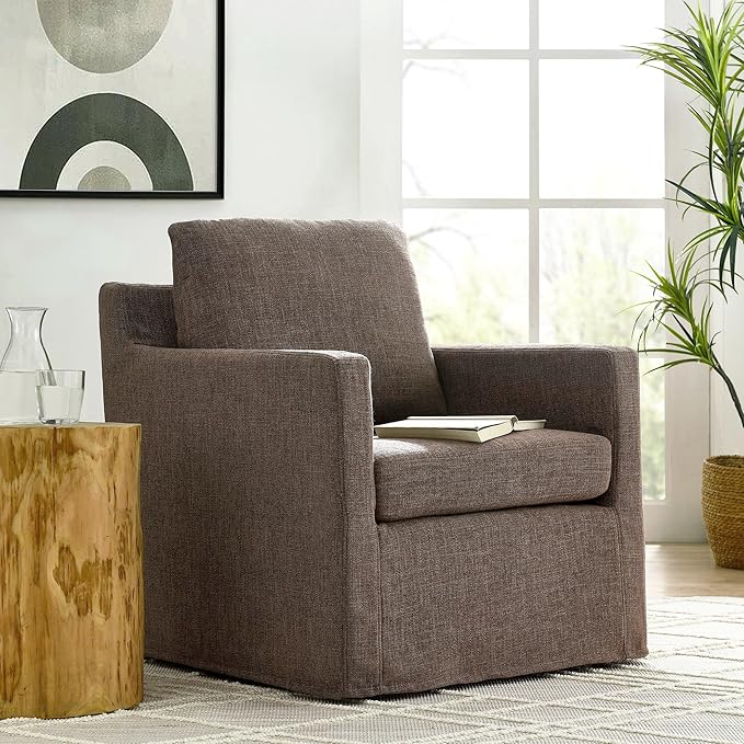 Modway Serene Swivel Accent Armchair in Mocha - Modern Fabric Upholstered Chair - Slipcovered Armchair - Swivel Chair for Living Room or Bedroom