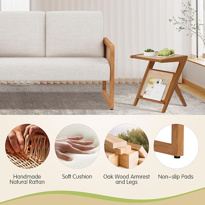 Alunaune Modern Loveseat Bench Couch with Natural Rattan Arm Upholstered Linen Small Love Seat Sofa 2-Seats Living Room Couch Settee Comfy Lounge Recliner Chair-Ivory