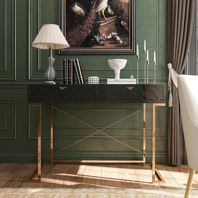 Clihome 42'' Home Office Desks Modern Writing Desk with Drawers Modern Simple Desk with Golden Legs and X-Shaped Bracket