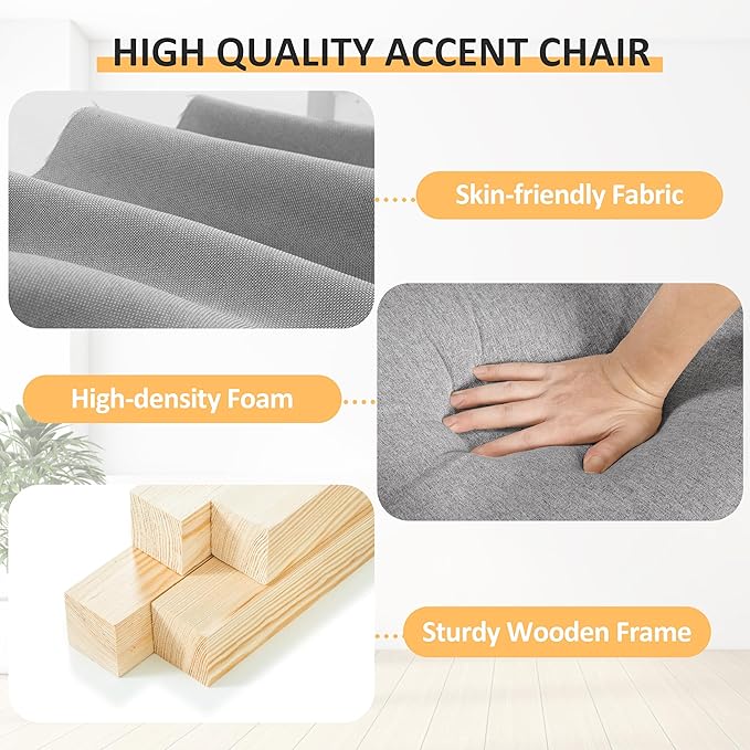 PrimeZone Comfy Accent Chair Mid-Century Modern Fabric Living Room Chair Reading Chair with Soft Cushion Nailhead Trim &amp Rolled Armrest Arm Chair Sofa Chairs for Bedroom Waiting Room Office Gr