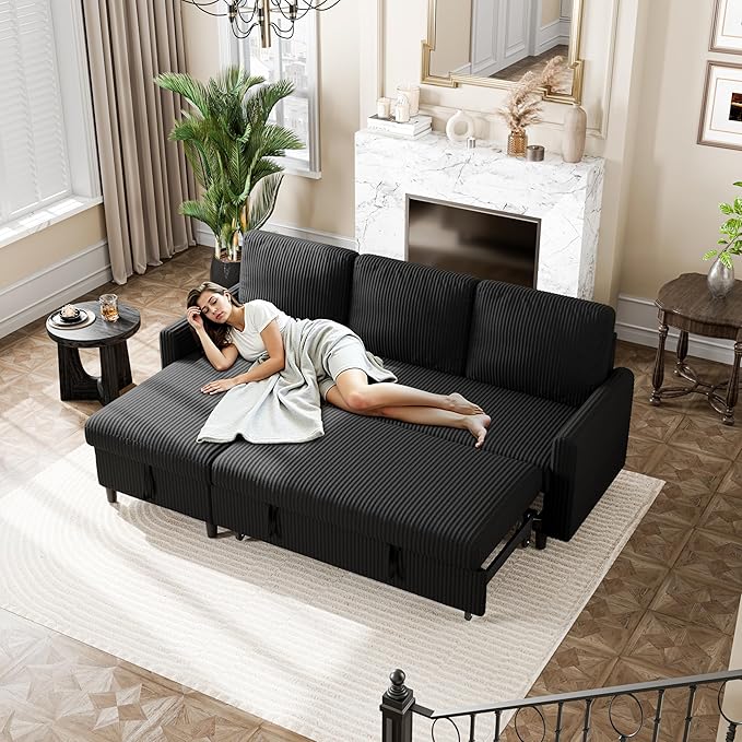Sofa Bed Couch Sectiona Sofa 4-in-1 Multifunctional Pull-Out Couch Sleeper Sofa Couch with Storage Chaise Pullout Sectional Couches for Living Room/Office/ApartmentBlack