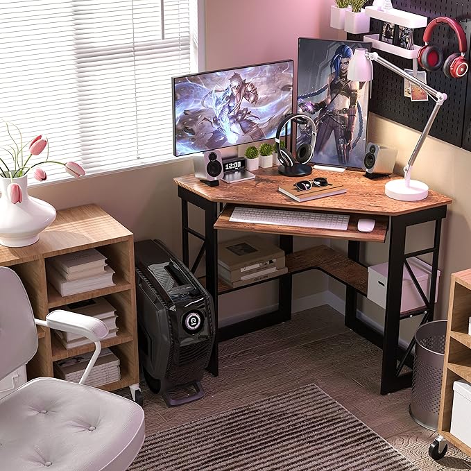 VECELO Corner Computer Desk 41 x 30 inches with Smooth Keyboard &amp Storage Shelves for Home Office Workstation Antique Brown
