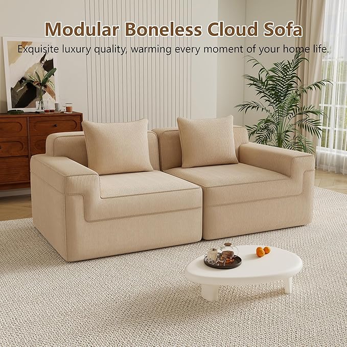 Boneless Couch81 No Assembly Oversize Modular Sectional Cloud CouchCompressed Sofa in a Box Solid Foam Corduroy Sofa with Ottoman for Living Room (Camel Corduroy2 Seats)
