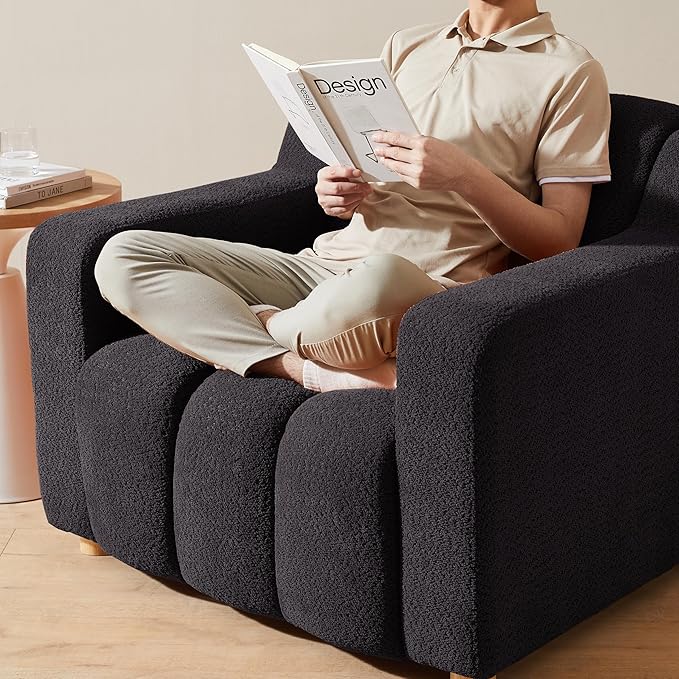 Modern Oversized Living Room Chairs 40 Wide Boucle Accent Chairs with Deep Seat and Wooden Legs Comfy Reading Arm Chair for Bedroom Apartment Dark Grey
