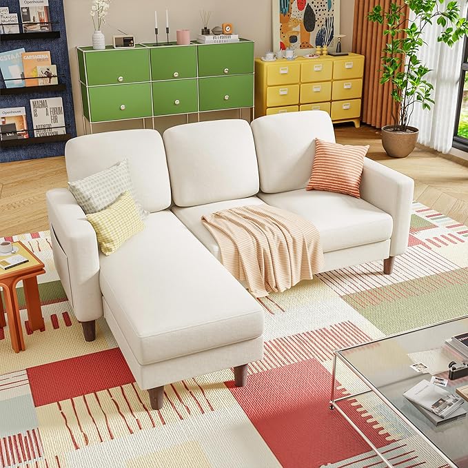 YESHOMY Couches for Living Room Sofa with Movable Ottoman Small Couch with Reversible Chaise and Side Pockets L Shaped Couch for Small Space Apartment (Linen Fabric Beige)