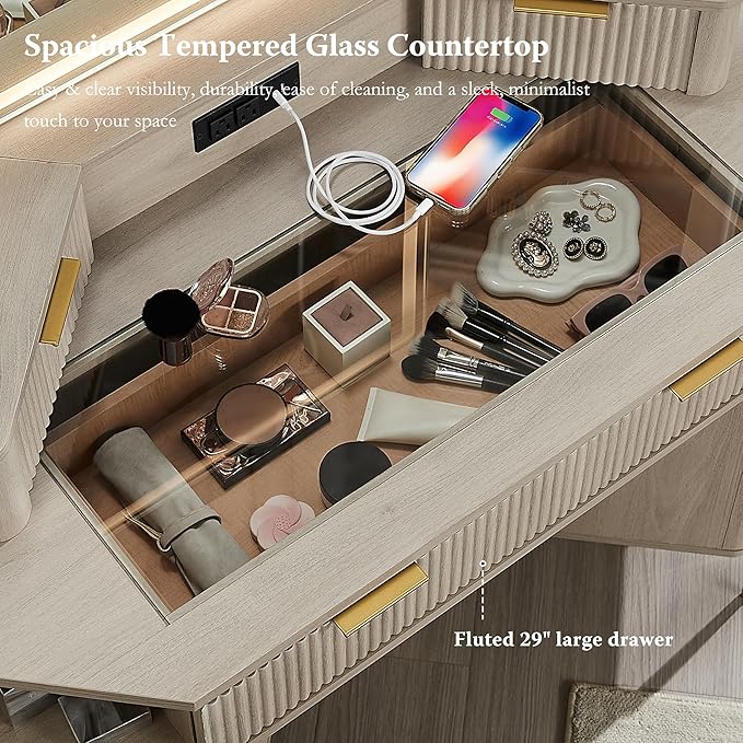 T4TREAM 48 Fluted Makeup Vanity Desk with HD Triple Mirror and Lights Large Lighted Corner Vanity with Glass Top Modern Dressing Table with 3 Drawers &amp 2 Cabinets for Bedroom White Alder