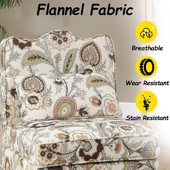 Floral Accent Chair Comfy with Pillow Armless Accent Chair for Bedroom Slipper Chair with Soft Seat Cushion and Backrest Side Chairs for Living Room Flannel Fabric Wave-Shaped (Brown)