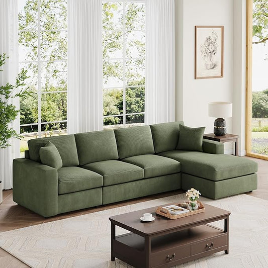 VANOMi 119 L-Shaped Sectional Sofa with Reversible Chaise Modern Corduroy Couch with Deep Seats 4-Seater Upholstered Sofa for Living Room or Apartment Green