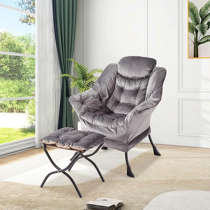 GarveeHome Lazy Chair with Ottoman Modern Lounge Accent Chair Leisure Sofa Armchair with Footrest Reading Armchair with Side Pocket for Living Room Bedroom Dorm &amp Office (Dark Grey 1PCS)