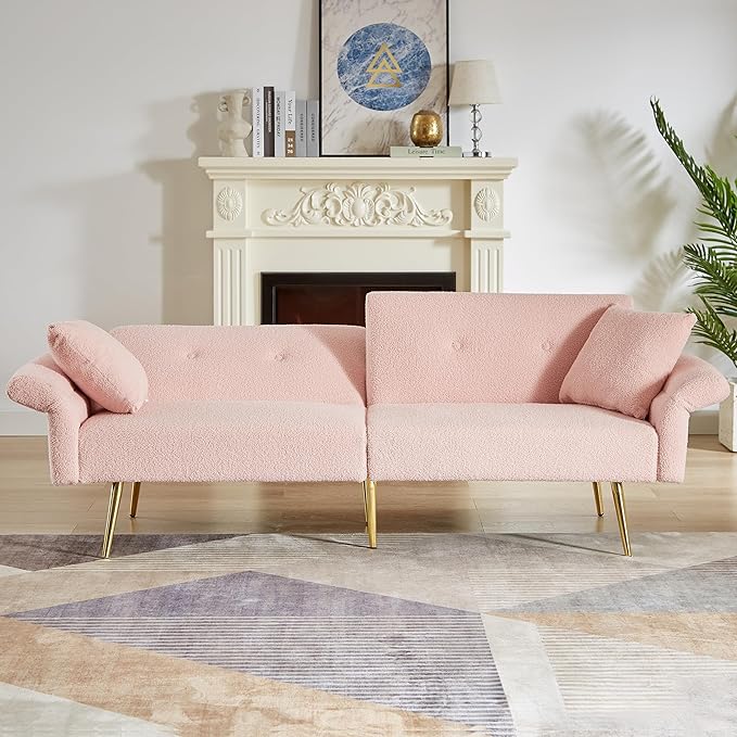 Pink Futon Sofa Bed Loveseat with Adjustable Backrest and Armrests Teddy Couch with Pillows and Side Pocket for Small Spaces Living Room Apartment Or Office (Pink)