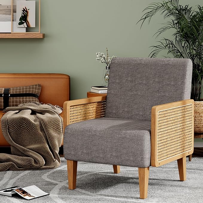 Accent Chair Mid Century Modern Living Room Chairs Rattan Armrest Upholstered Armchair with Solid Wood Legs Bedroom Reading Chair Taupe
