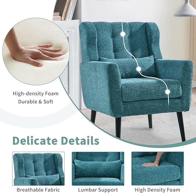 Modern Accent Chair Upholstered Arm Chair with Waist Pillow Single Sofa Chair for Living Room Bedroom Small Spaces (Teal)