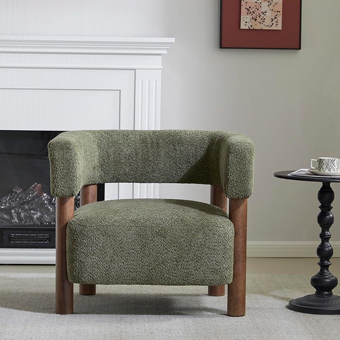 Christopher Knight Home Carly Low Profile Accent Chair Round Backrest Side Chair Living Room Armchair with Boucle Fabric CushionComfy Reading Chair for BedroomWooden Single Lounge SofaOlive Green