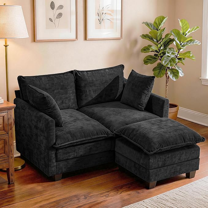 KYJ 50 Loveseat Sofa Couch with Ottoman 2 Seater Couch Small Compact Chenille Cloud Sofa 27 Deep Seat with Detachable Pillow Cover for Bedroom Living Room Dorm Apartment Small Spaces 2-Black-L
