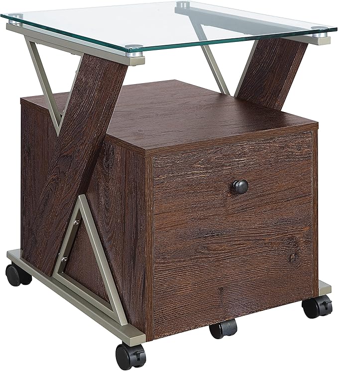 OSP Home Furnishings Zenos Mobile Rolling File Cabinet with Tempered Glass Top Traditional Cherry