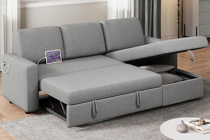 Yaheetech Sectional Sofa L-Shaped Sofa Couch Bed w/Chaise &amp USB Reversible Couch Sleeper w/Pull Out Bed &amp Storage Space Living Room Light Gray