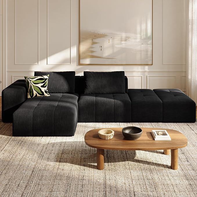 wanan 141 Boneless Couch for Living Room Oversize Cloud Sectional Sofa with Deep Seat L Shaped Modern Cloud Sleeper Sofa Bed with Chaise Black