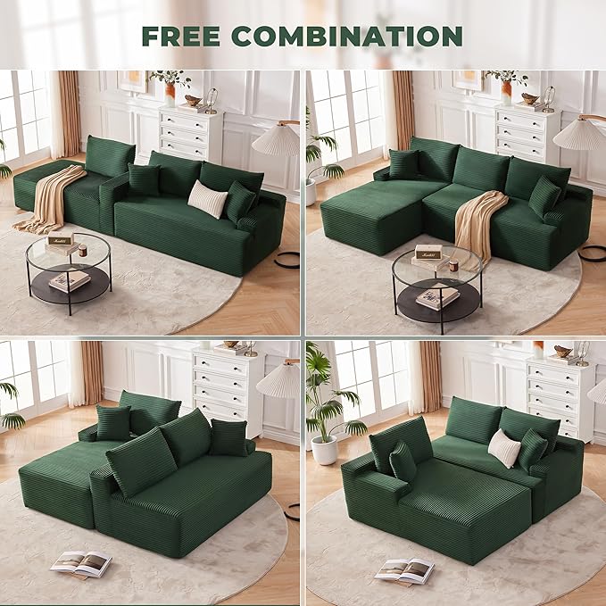 Cloud Sectional Couch Modular Sectional Sofa with Deep Seat Boneless Sofa for Living Room Fluffy Comfy Couch with L-Shaped Chaise Green