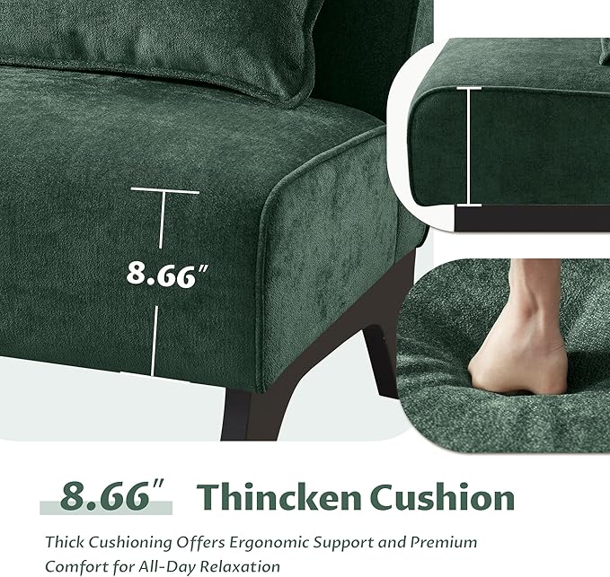 Upholstered Armless Accent ChairModern Comfy Living Room Chairs with Wooden Legs&amp PillowsLounge Sofa Side Chair for Bedroom Farmhouse Reading (Green 1 PC)
