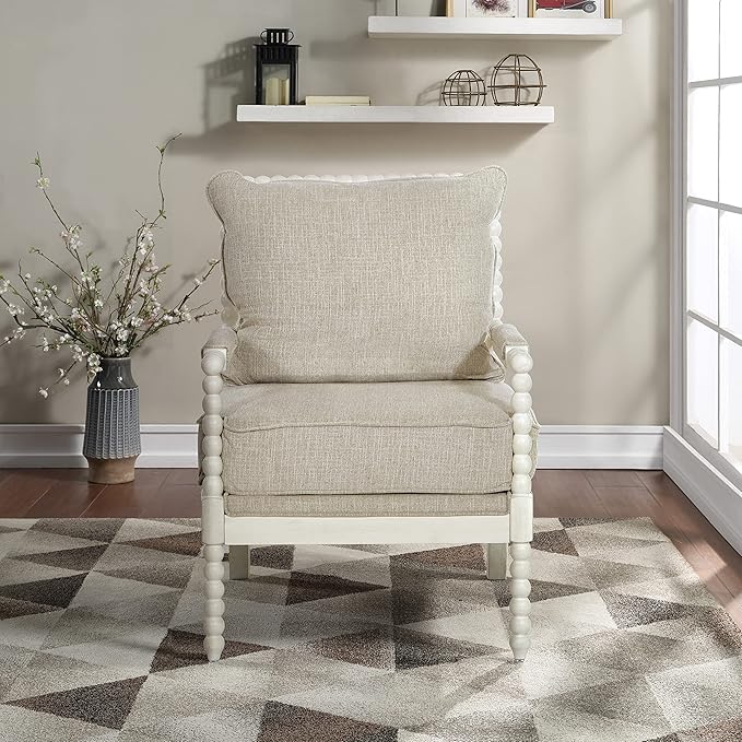 OSP Home Furnishings Kaylee Spindle Accent Chair with Antique White Wood Frame Beige Linen Fabric