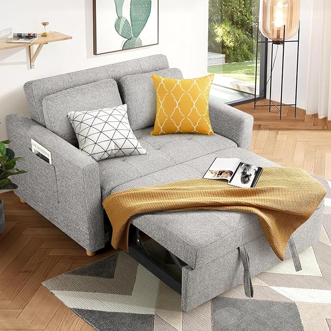 SEJOV Convertible Sofa Bed 3 in 1 Sleeper Sofa with Pull Out Bed Futon Couch with Storage Side Pocket Loveseat with Adjustable Backrest for Small Space Apartment loft Grey