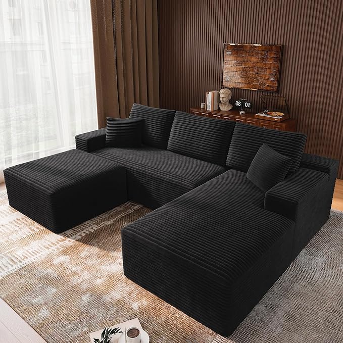 3-Piece Boneless Modular Sectional Sofa Cloud Couch Right Facing Chaise with Ottoman Oversized Deep Seat Soft Corduroy Fabric Sectional Couch for Living Room-Black