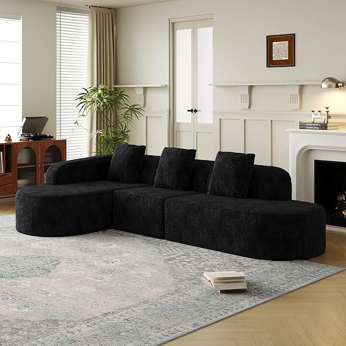111.8' Curved Sectional Cloud Sofa Modern L Shaped Couch with Chaise &amp Pillows Comfy Upholstered Deep Seat Compression Boneless Sofa for Living Room Office No Assembly Required Left Facing Bl