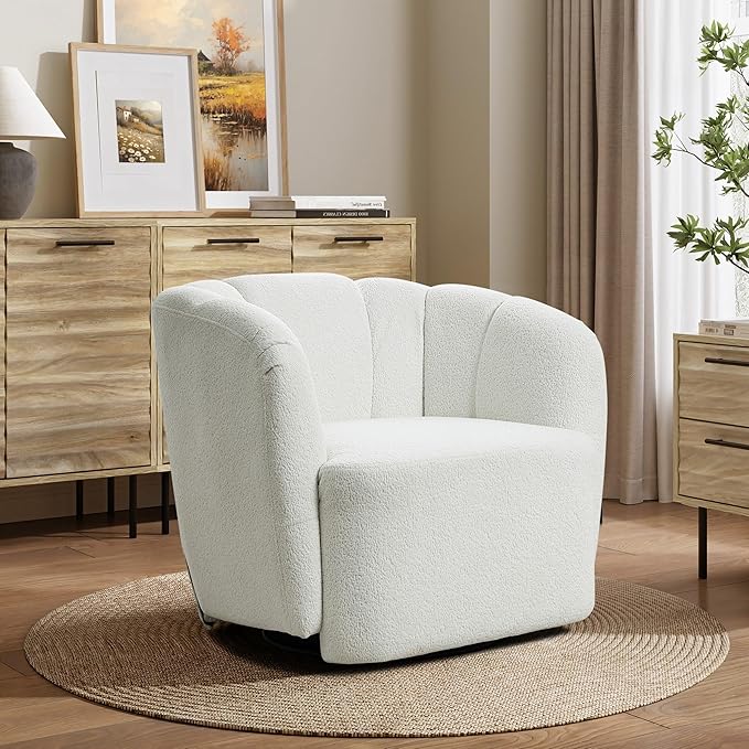 LuxenHome Swivel Barrel Accent Chair Modern Comfy Upholstered Ivory Boucle Accent Chair for Living Room Bedroom NurserySingle Sofa Club Armchair with 360 Degree Soft Elegant Sherpa