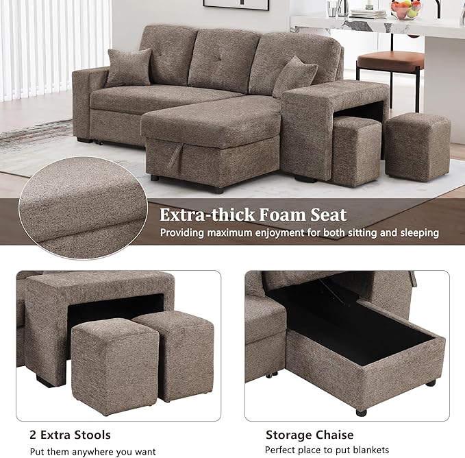 LUMISOL Reversible L-Shape Sectional Sofa with Side Shelf and 2 Stools Pull-Out Sleeper Sofa Bed with Storage Chaise Left/Right Hande for Living Room Apartment Knox Charcoal