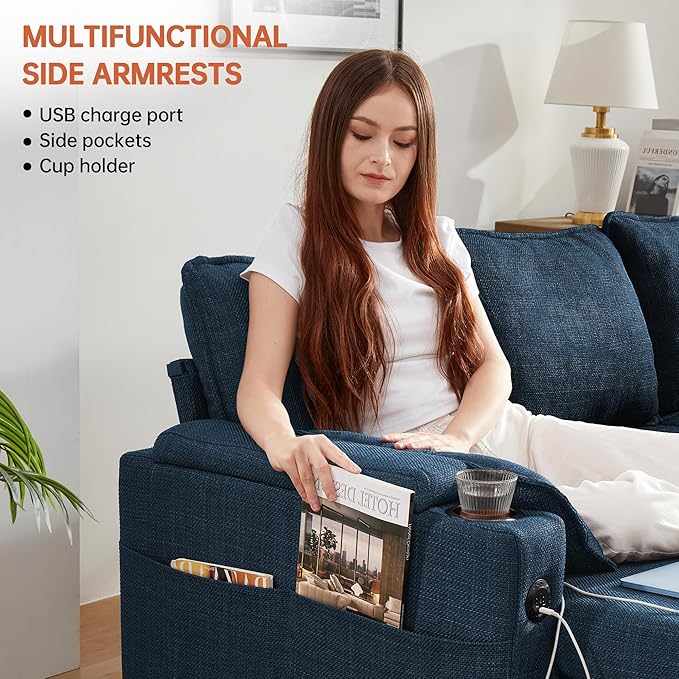 DURASPACE Sofa Bed Sleeper Sofa Couch with Pullout Bed for Living Room L Shaped Couch with Storage Chaise USB Cup Holder (Blue Linen)